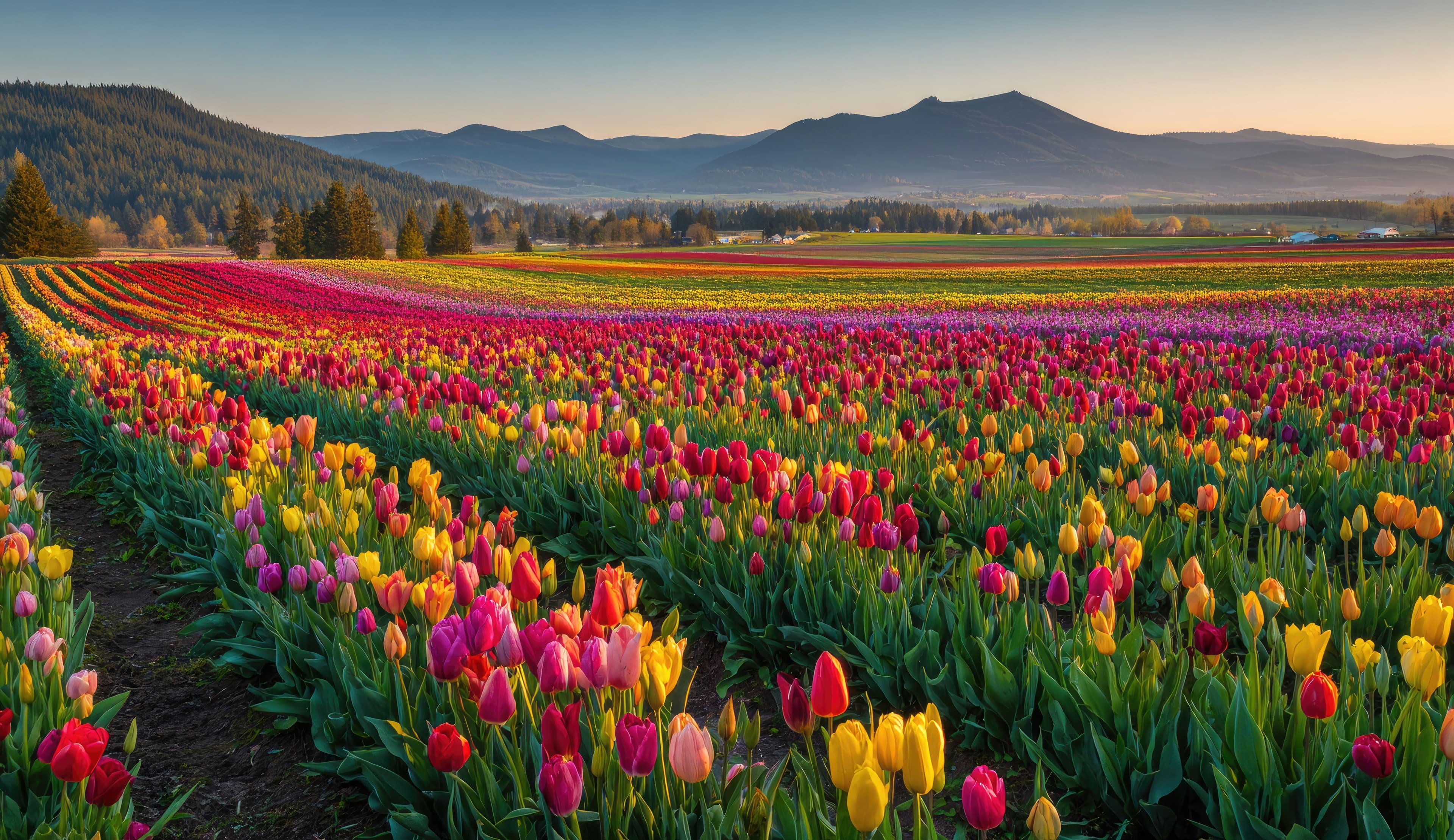Rows of brightly colored tulip flowers